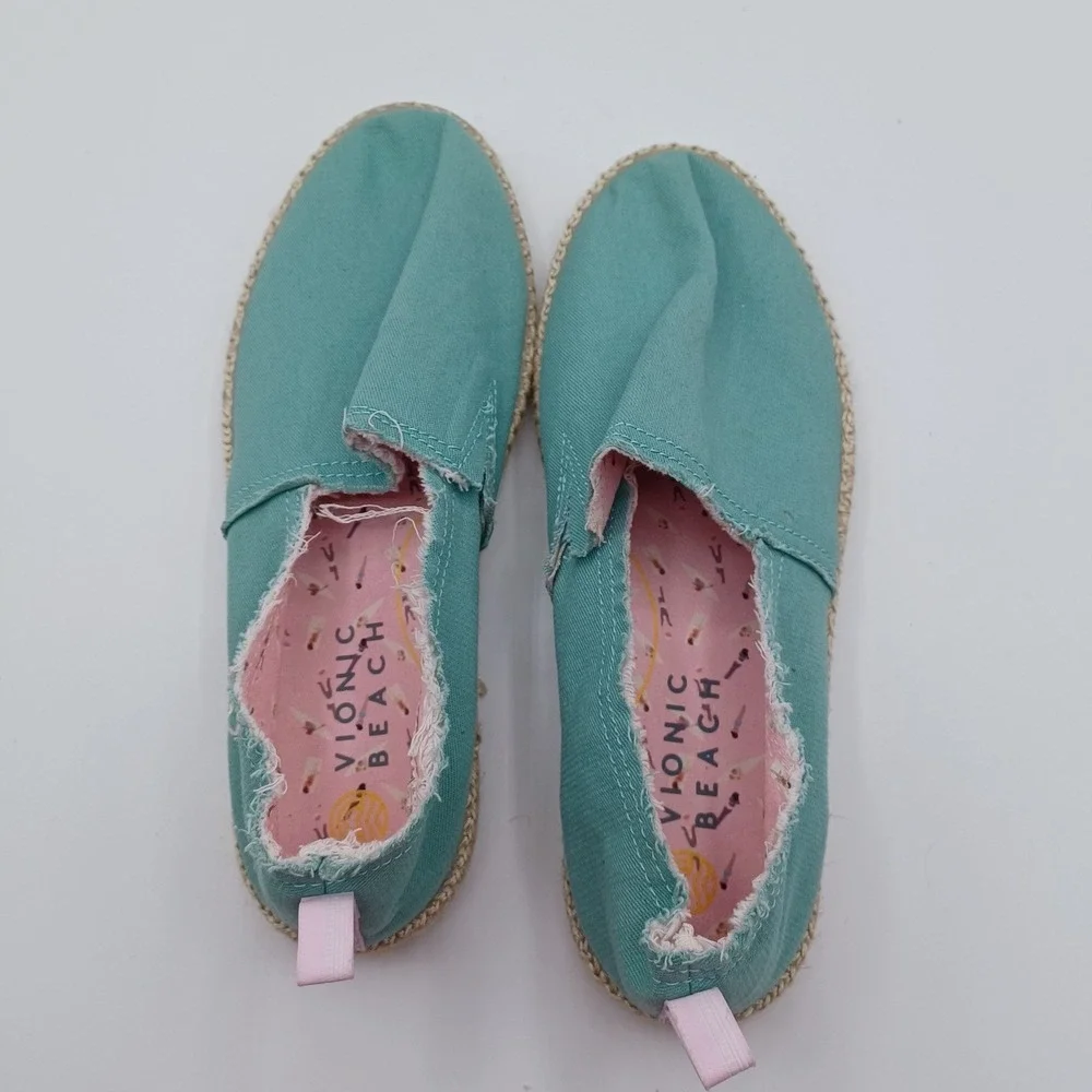 Vionic Laguna Slip On Shoes‎ Womens 9 Teal Frayed Canvas Espadrille Flat EUC